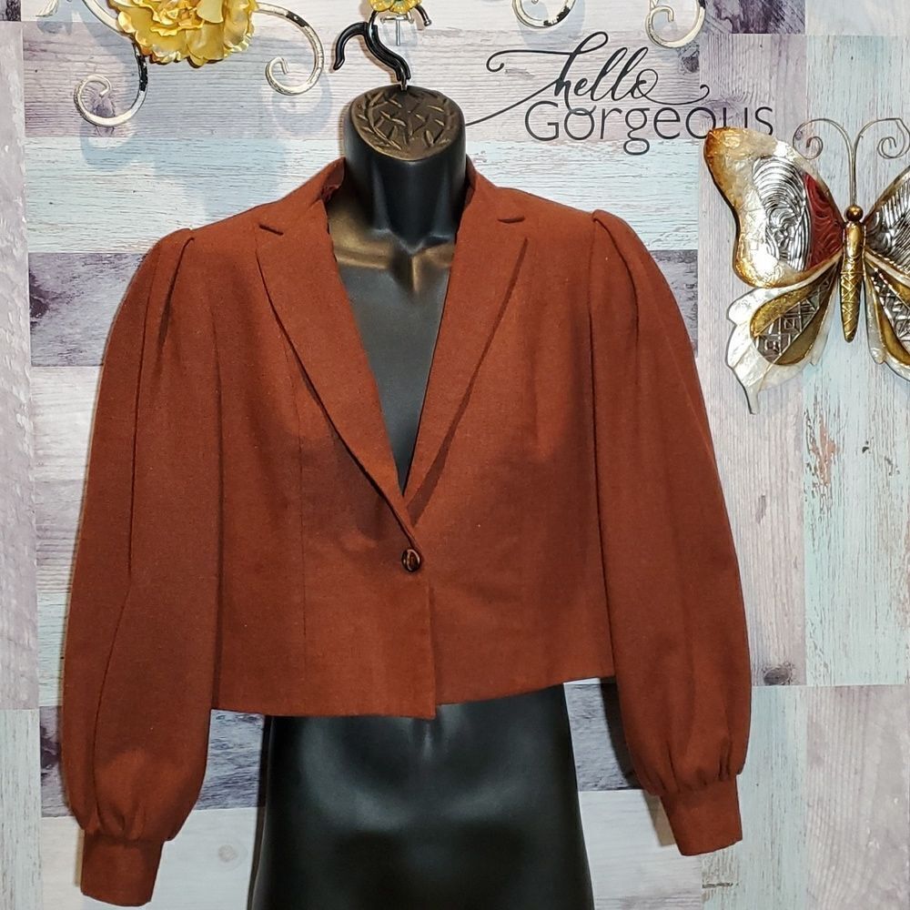 J. Ashford Vintage Sz 7 Rust Cropped Wool Blazer Puff Sleeves Cottagecore BoHo